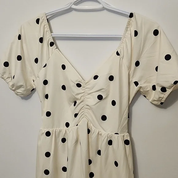 NWTs Morrisday the label polka dot cream tiered puff sleeve cutout S dress - Picture 2 of 8
